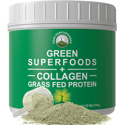 Greens Superfood + Grass Fed Collagen Peptides Powder - Ultimate Blend of Best Tasting Green Superfood with Pure Pasture Raised Hydrolyzed Protein Powder for Skin Hair + Joint Health - Maple Wellness Supplements