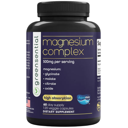 Greensential 5-in-1 Magnesium Complex 500mg | Glycinate, Malate, Citrate, Oxide & Aquamin® | for Sleep, Muscle & Heart Support | High Absorption, Vegan, 120 Capsules - Maple Wellness Supplements