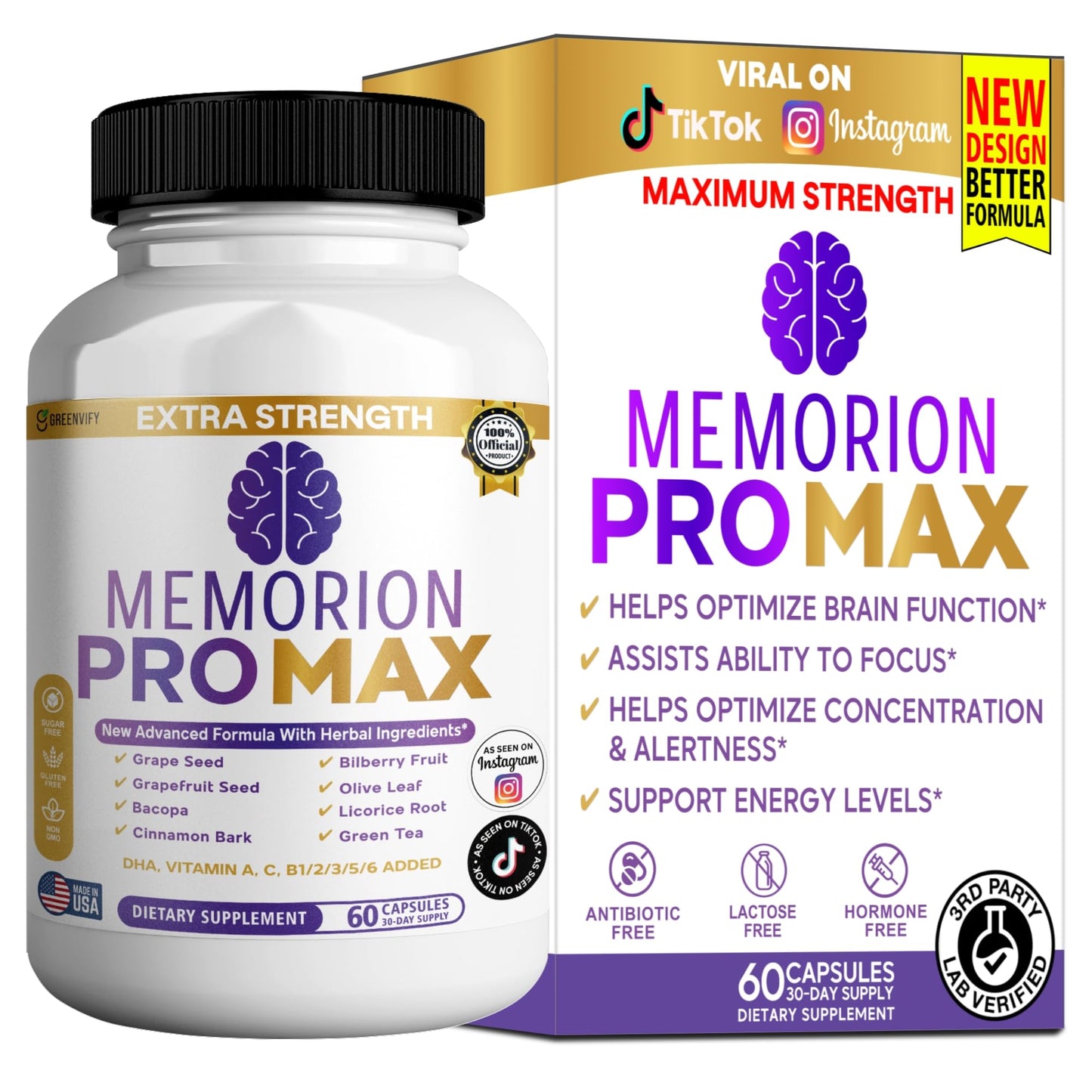 GREENVIFY Memorion Pro Max Extra Strength Brain Support Supplement, 60 Capsules, with DHA, Vitamins, Herbal Blend, 30-Day Supply (1) - Maple Wellness Supplements