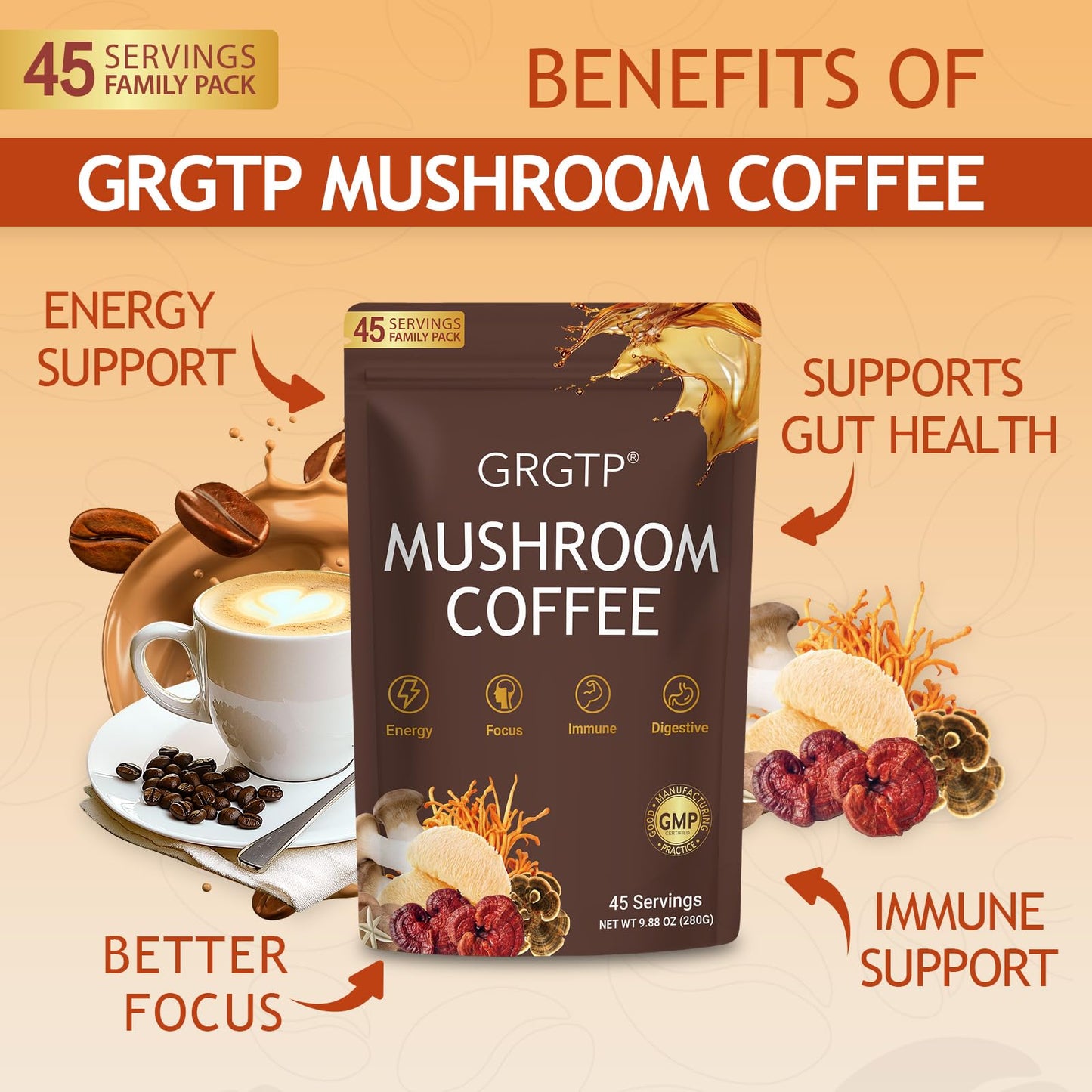GRGTP Mushroom Coffee - Superfood Blend with 6 Adaptogens (Cordyceps, Lion's Mane, Reishi Other) | Jitter-Free Energy, Enhanced Focus, Digestion & Immunity Support | - Maple Wellness Supplements