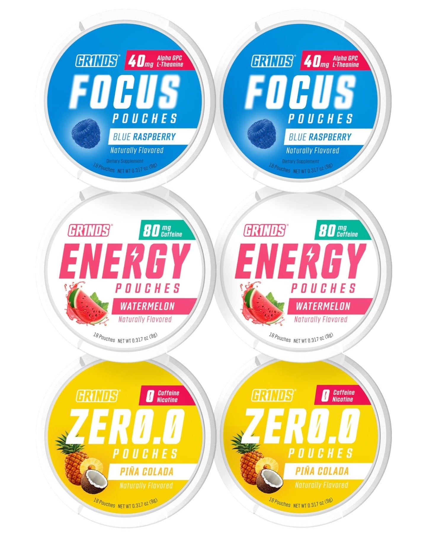 GRINDS Pouches Performance Sampler Pack - Includes Watermelon Energy, Caffeine-Free Piña Colada and Blue Raspberry Nootropic Pouches - Sugar-Free - Zero Calories - Maple Wellness Supplements