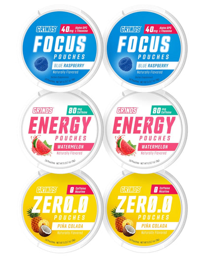 GRINDS Pouches Performance Sampler Pack - Includes Watermelon Energy, Caffeine-Free Piña Colada and Blue Raspberry Nootropic Pouches - Sugar-Free - Zero Calories - Maple Wellness Supplements