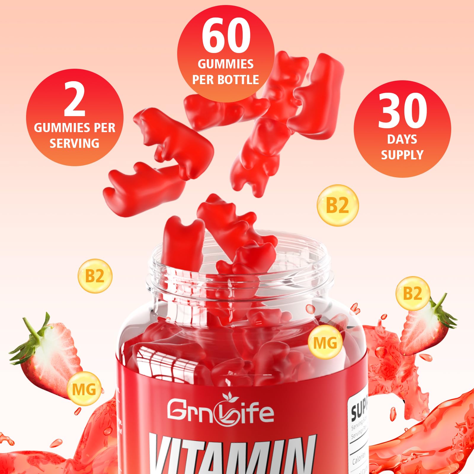GrnLife 2 Pack Vitamin B2 Gummies, Riboflavin 400mg with Magnesium for Kids & Adults, Migraine Relief & Energy Support - Maple Wellness Supplements