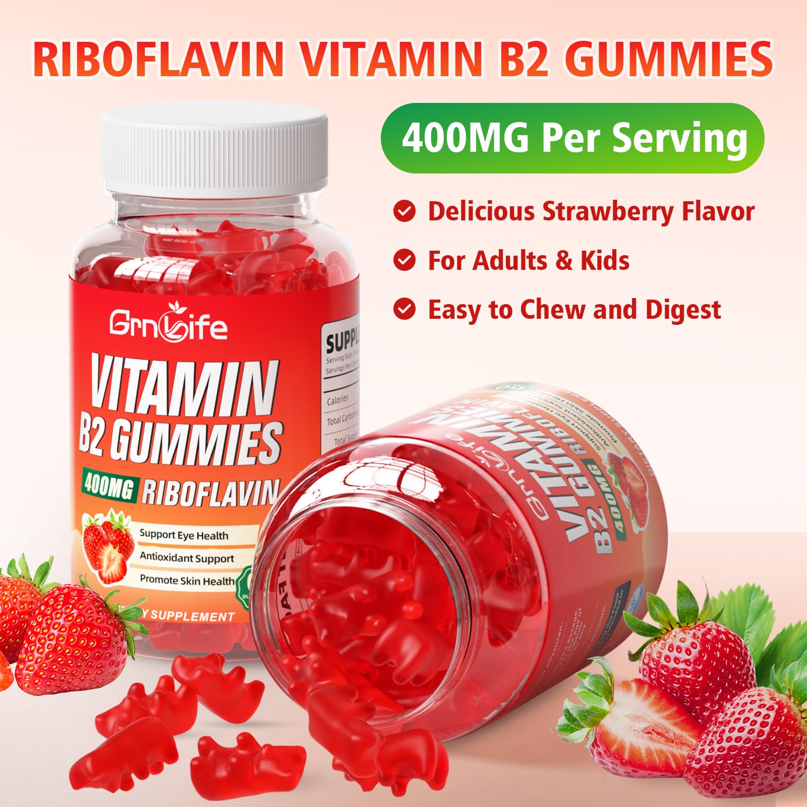 GrnLife 2 Pack Vitamin B2 Gummies, Riboflavin 400mg with Magnesium for Kids & Adults, Migraine Relief & Energy Support - Maple Wellness Supplements