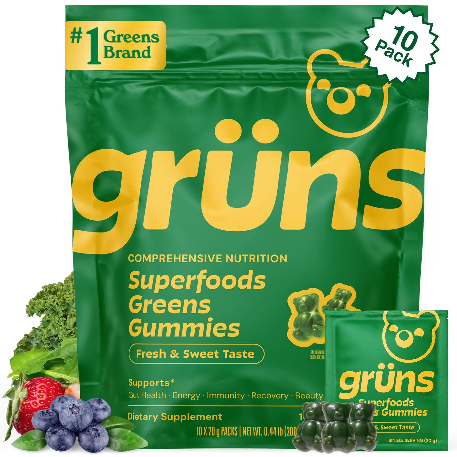 Gruns Adults Super Greens Gummies, Multivitamin Superfood Gummy Bears, Spirulina, Chlorella, Prebiotics & Fiber Gummies for Digestive Health - Maple Wellness Supplements
