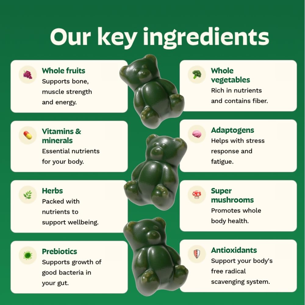 Gruns Sugar-Free Super Greens Gummies, Multivitamin Superfood Gummy Bears, Spirulina, Chlorella, Prebiotics & Fiber gummies for Digestive Health, Adaptogens Supplement, 20 Vitamins & Minerals, 10 pack - Maple Wellness Supplements