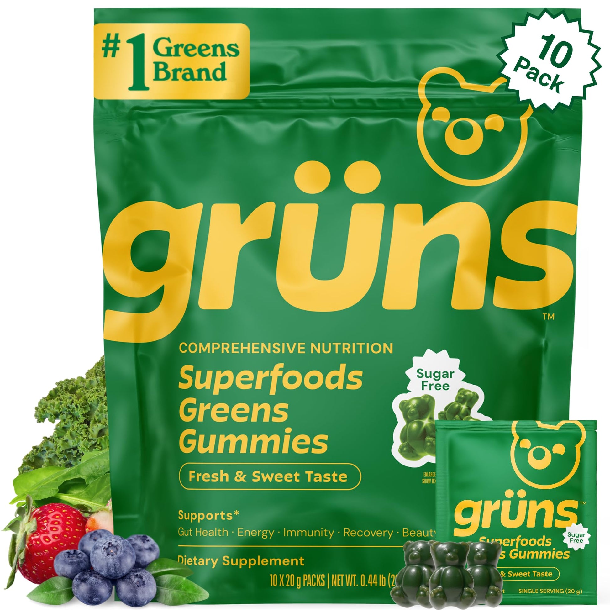 Gruns Sugar-Free Super Greens Gummies, Multivitamin Superfood Gummy Bears, Spirulina, Chlorella, Prebiotics & Fiber gummies for Digestive Health, Adaptogens Supplement, 20 Vitamins & Minerals, 10 pack - Maple Wellness Supplements