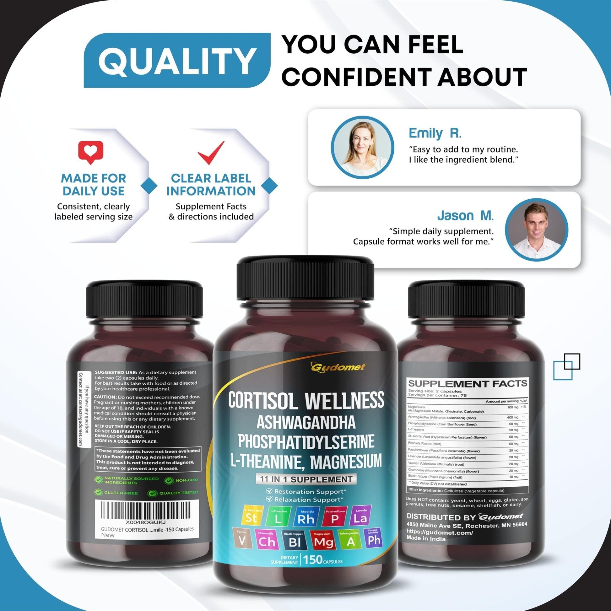 GUDOMET CORTISOL Wellness Magnesium Ashwagandha L-Theanine Phosphatidylserine Rhodiola Rosea Passionflower Lavender Chamomile -150 Capsules - Maple Wellness Supplements