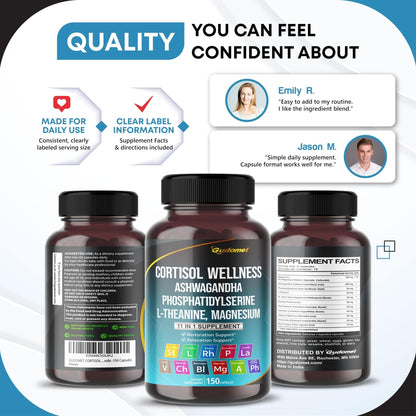 GUDOMET CORTISOL Wellness Magnesium Ashwagandha L-Theanine Phosphatidylserine Rhodiola Rosea Passionflower Lavender Chamomile -150 Capsules - Maple Wellness Supplements