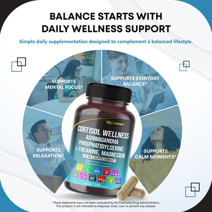 GUDOMET CORTISOL Wellness Magnesium Ashwagandha L-Theanine Phosphatidylserine Rhodiola Rosea Passionflower Lavender Chamomile -150 Capsules - Maple Wellness Supplements