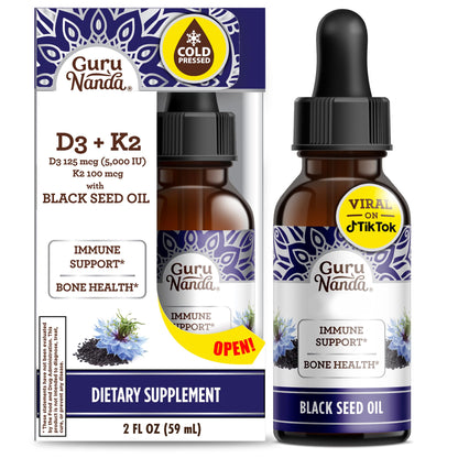 GuruNanda Black Seed Oil, Cold-Pressed Nigella Sativa - Rich in Vitamin D3 5000 Units, K2 & E, High Thymoquinone | Potent Antioxidant - Maple Wellness Supplements