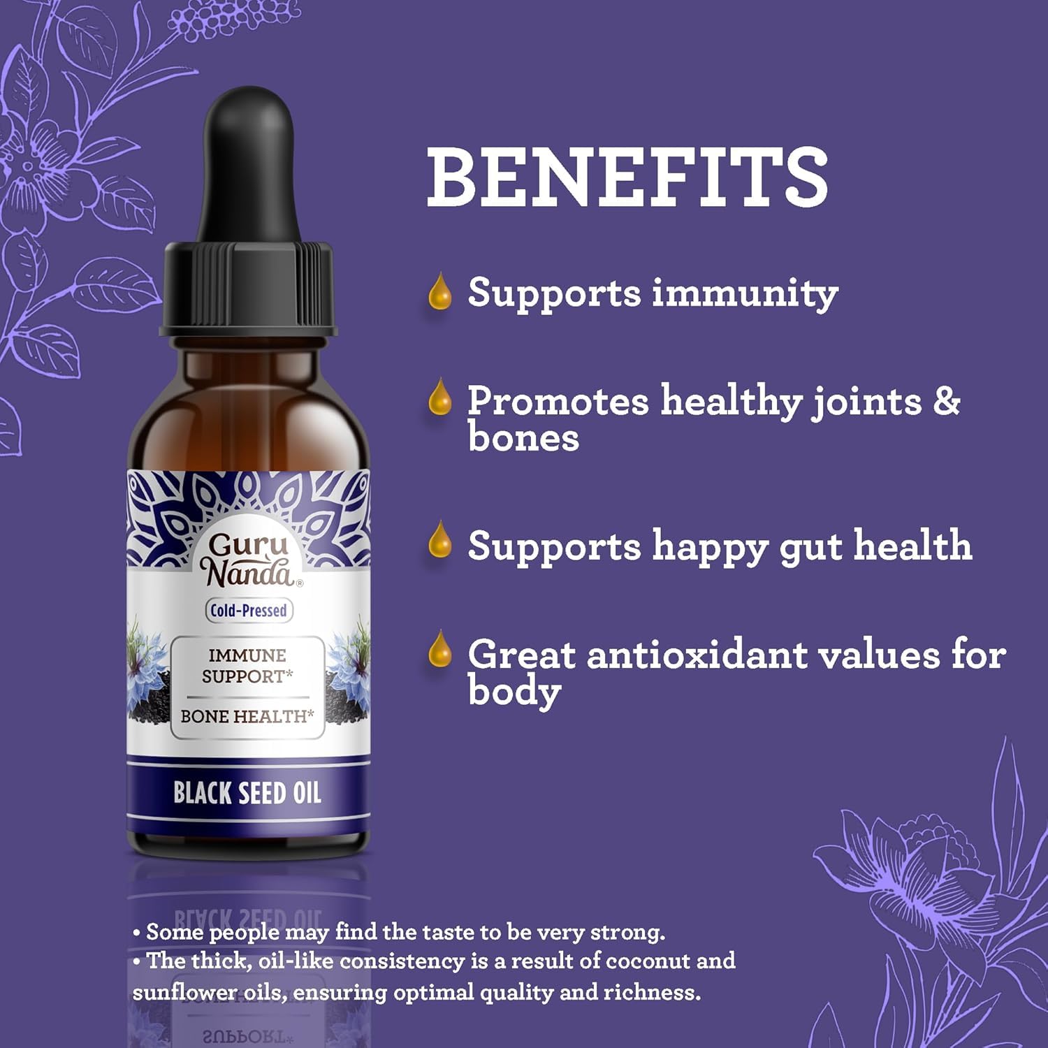 GuruNanda Black Seed Oil, Cold-Pressed Nigella Sativa - Rich in Vitamin D3 5000 Units, K2 & E, High Thymoquinone | Potent Antioxidant - Maple Wellness Supplements