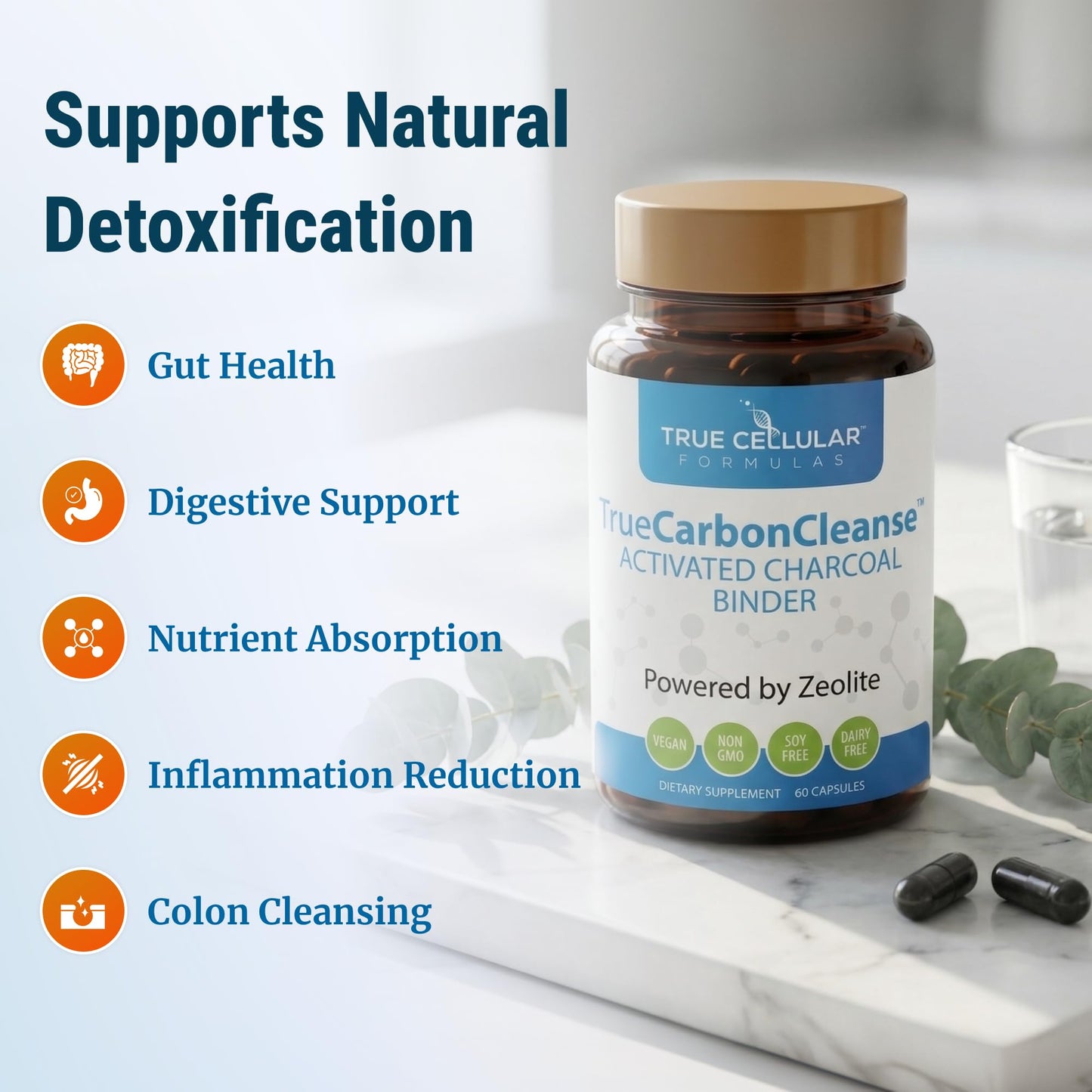 Gut Detox & Liver Cleanse - Organic Activated Charcoal Capsules with Clinoptilolite Zeolite Binder - TrueCarbonCleanse™ Carbon Supplement - 60 Bamboo Charcoal Pills - Maple Wellness Supplements