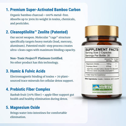 Gut Detox & Liver Cleanse - Organic Activated Charcoal Capsules with Clinoptilolite Zeolite Binder - TrueCarbonCleanse™ Carbon Supplement - 60 Bamboo Charcoal Pills - Maple Wellness Supplements