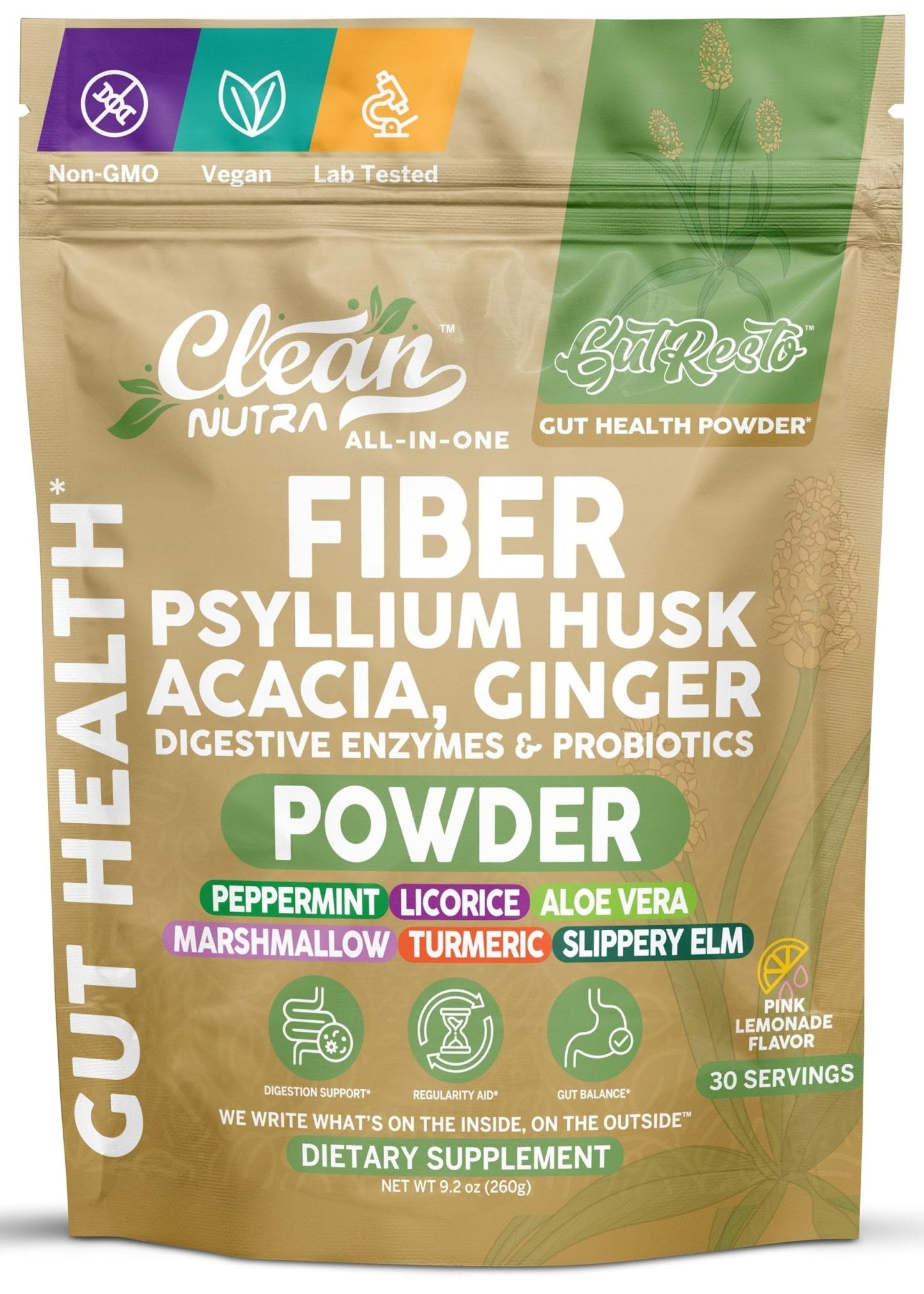 GutResto Fiber Supplement Psyllium Husk Powder Probiotic Gut Health Digestive Enzymes Prebiotic L-Glutamine Slippery Elm Aloe Vera Marshmallow Root Turmeric Ginger - Maple Wellness Supplements