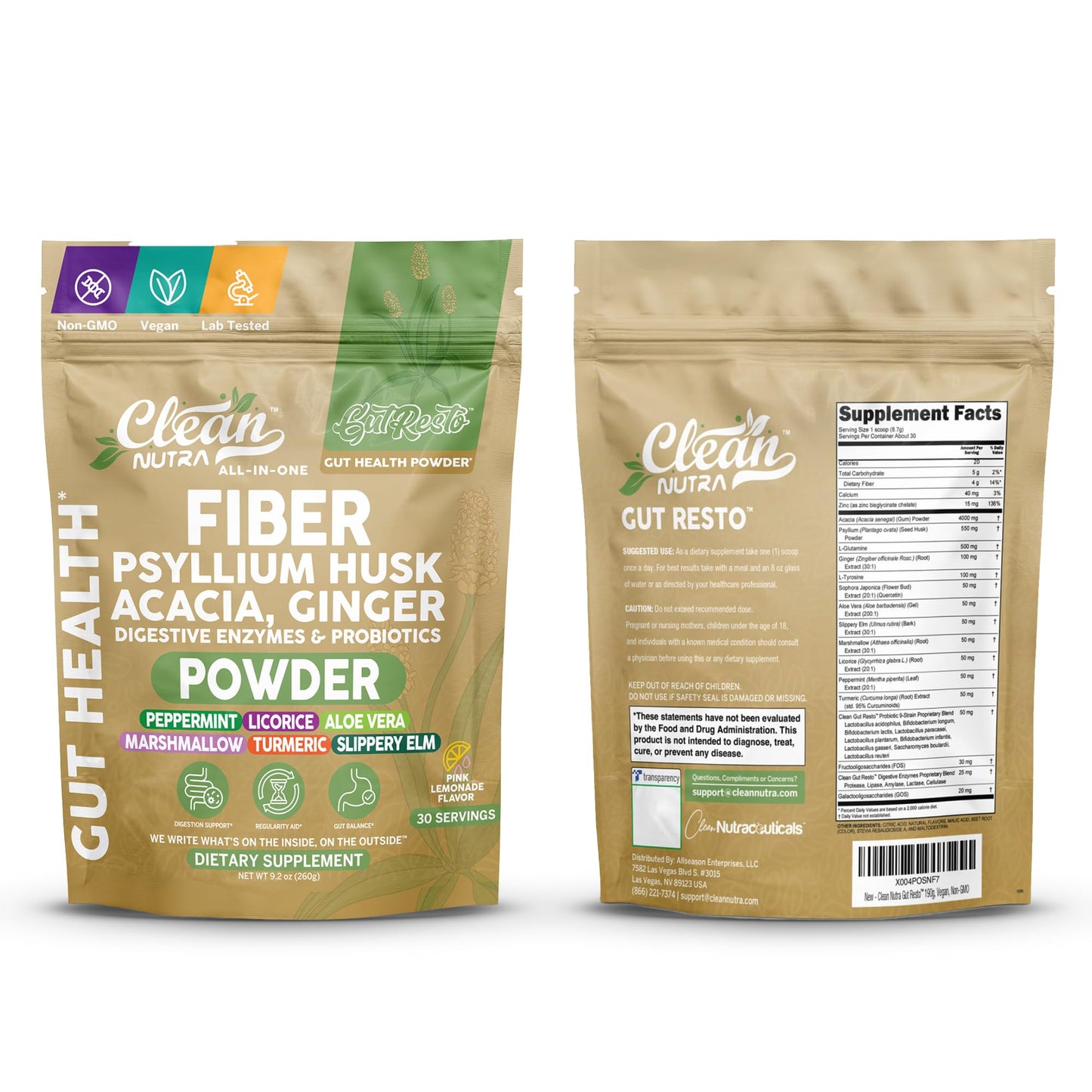 GutResto Fiber Supplement Psyllium Husk Powder Probiotic Gut Health Digestive Enzymes Prebiotic L-Glutamine Slippery Elm Aloe Vera Marshmallow Root Turmeric Ginger - Maple Wellness Supplements