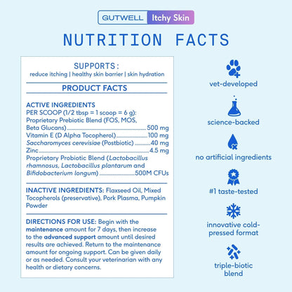 GutWell Itchy Skin - Dog Itching Skin Relief & Seasonal Allergy Itch Relief for Dogs - Promotes Skin Hydration, Elasticity & Healthy Barrier with Triple-biotic Blend, Zinc, & Vitamin E - 60 Scoops - Maple Wellness Supplements