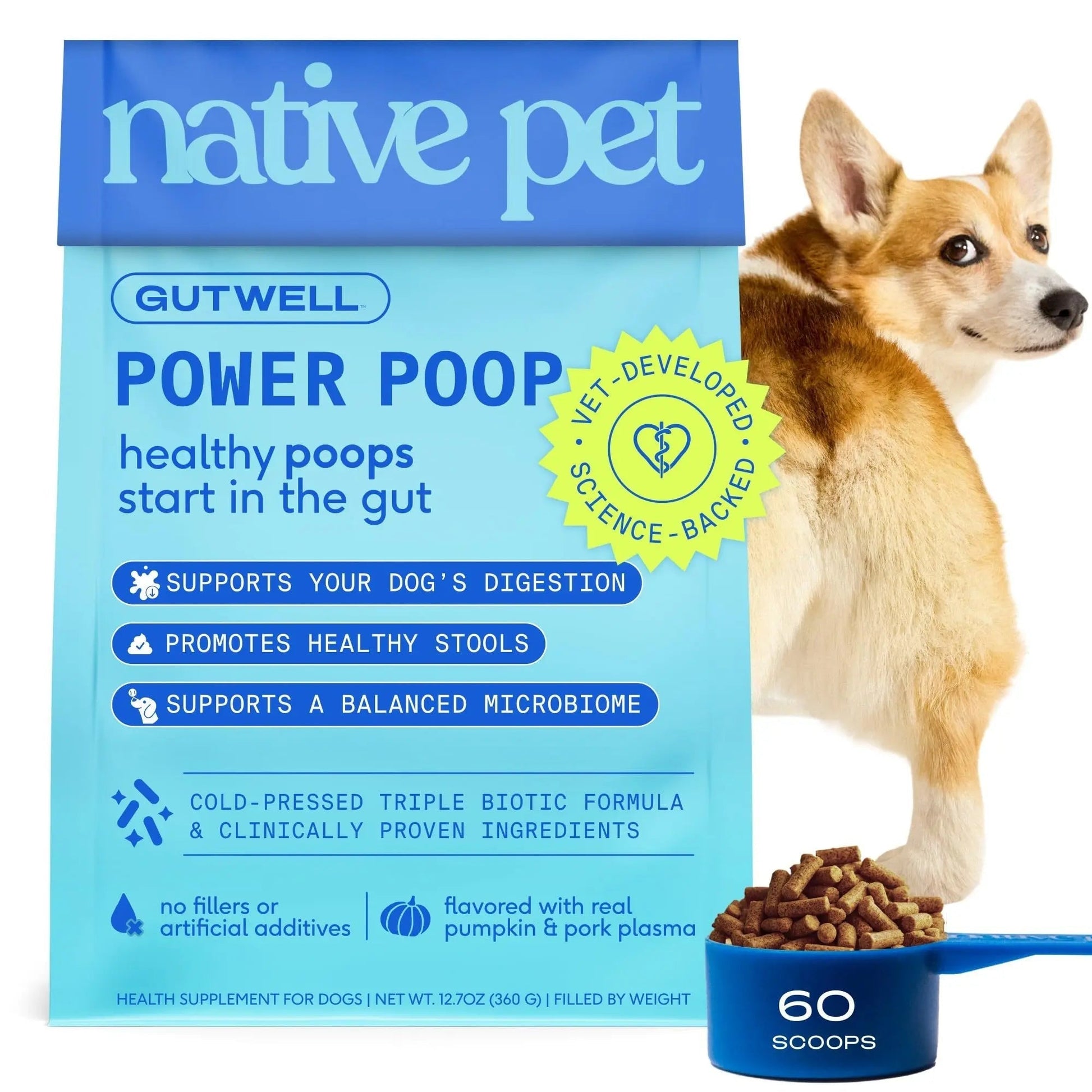 GutWell Power Poop - Digestive Enzymes & Fiber for Dogs - Dog Fiber Supplements Help with Diarrhea Relief, Upset Stomach, Pet Gas & Gut Health with Targeted Triple-Biotic Blend & M-Fiber - 60 Scoops - Maple Wellness Supplements
