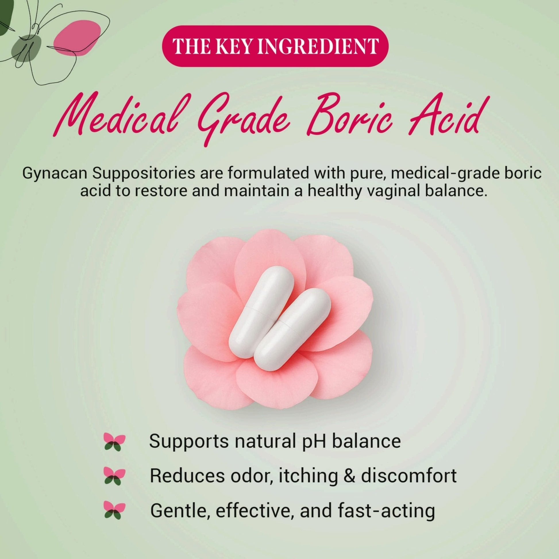 Gynacan Boric Acid Suppositories for Women - pH Balance Vaginal Treatment for Women Odor Prevention, Pure Formula, No-Mess Applicator, Gentle & Effective - Maple Wellness Supplements