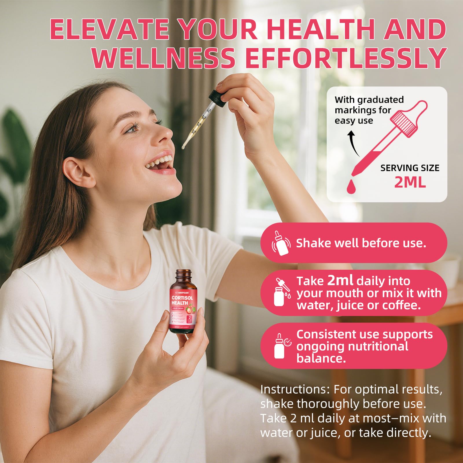 GZ HAOYUAN Cortisol Supplement Liquid Drops for Women and Men with Magnesium, Ashwagandha, L-theanine, Phosphatidylserine for Lower Cortisol, Calm, Mood, Sleep Support - 2 FL.OZ, Strawberry - Maple Wellness Supplements