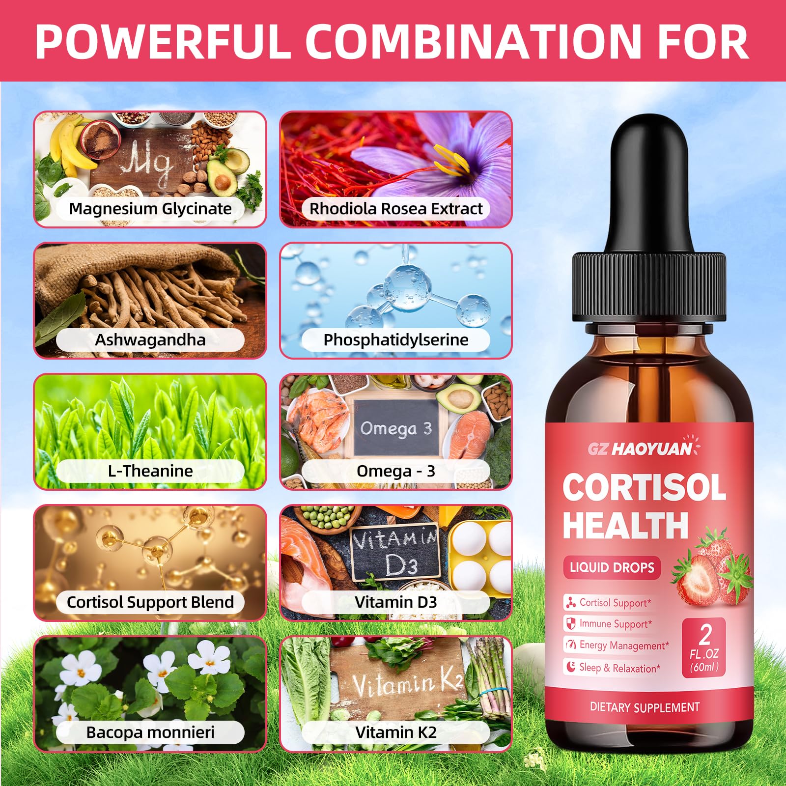 GZ HAOYUAN Cortisol Supplement Liquid Drops for Women and Men with Magnesium, Ashwagandha, L-theanine, Phosphatidylserine for Lower Cortisol, Calm, Mood, Sleep Support - 2 FL.OZ, Strawberry - Maple Wellness Supplements