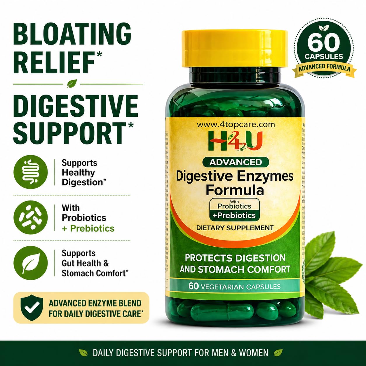 H4U Advanced Digestive Enzymes with Probiotics & Prebiotics – Multi Enzyme Supplement for Gut Health, Digestion Support, Bloating Relief & Stomach Comfort, - Maple Wellness Supplements