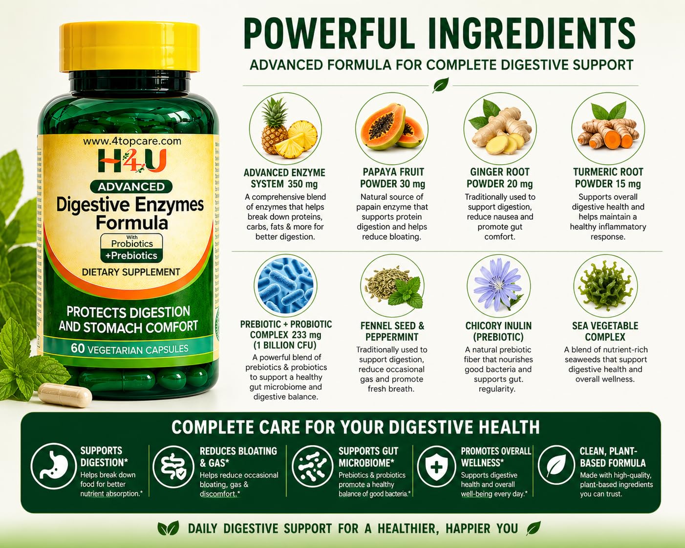 H4U Advanced Digestive Enzymes with Probiotics & Prebiotics – Multi Enzyme Supplement for Gut Health, Digestion Support, Bloating Relief & Stomach Comfort, - Maple Wellness Supplements