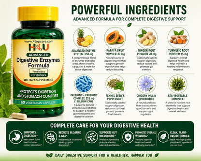 H4U Advanced Digestive Enzymes with Probiotics & Prebiotics – Multi Enzyme Supplement for Gut Health, Digestion Support, Bloating Relief & Stomach Comfort, - Maple Wellness Supplements