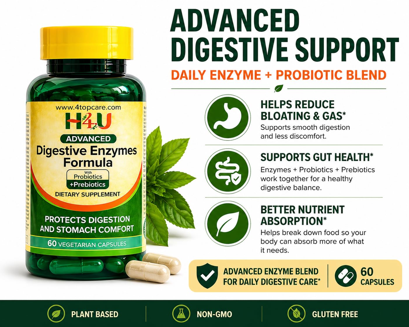 H4U Advanced Digestive Enzymes with Probiotics & Prebiotics – Multi Enzyme Supplement for Gut Health, Digestion Support, Bloating Relief & Stomach Comfort, - Maple Wellness Supplements