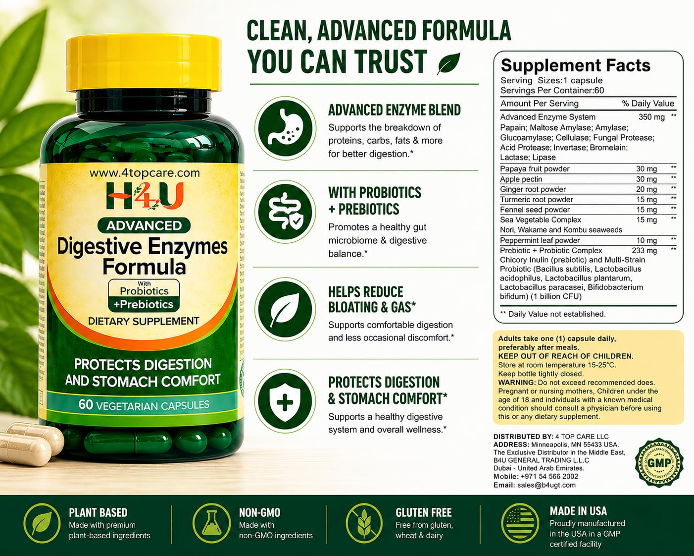 H4U Advanced Digestive Enzymes with Probiotics & Prebiotics – Multi Enzyme Supplement for Gut Health, Digestion Support, Bloating Relief & Stomach Comfort, - Maple Wellness Supplements