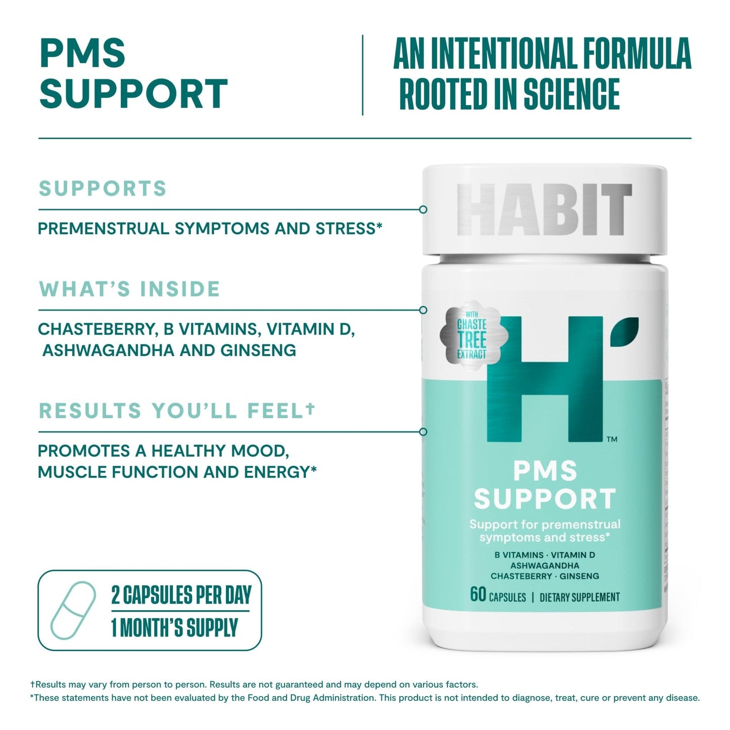Habit PMS Support Supplement for Women (60 Capsules) - Supports Premenstrual Symptoms & Stress, Hormone Balance, Mood, B Vitamins, Vitamin D, Chasteberry, Ashwagandha, Gluten-Free, Non-GMO (1 Pack) - Maple Wellness Supplements