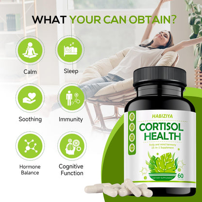 HABIZIYA Cortisol Manager Supplement for Women and Men Adrenal Support with Ashwagandha, Rhodiola Rosea, Holy Basil, Mood & Sleep Support - Non-GMO, Vegan Capsules (60 Count) - Maple Wellness Supplements