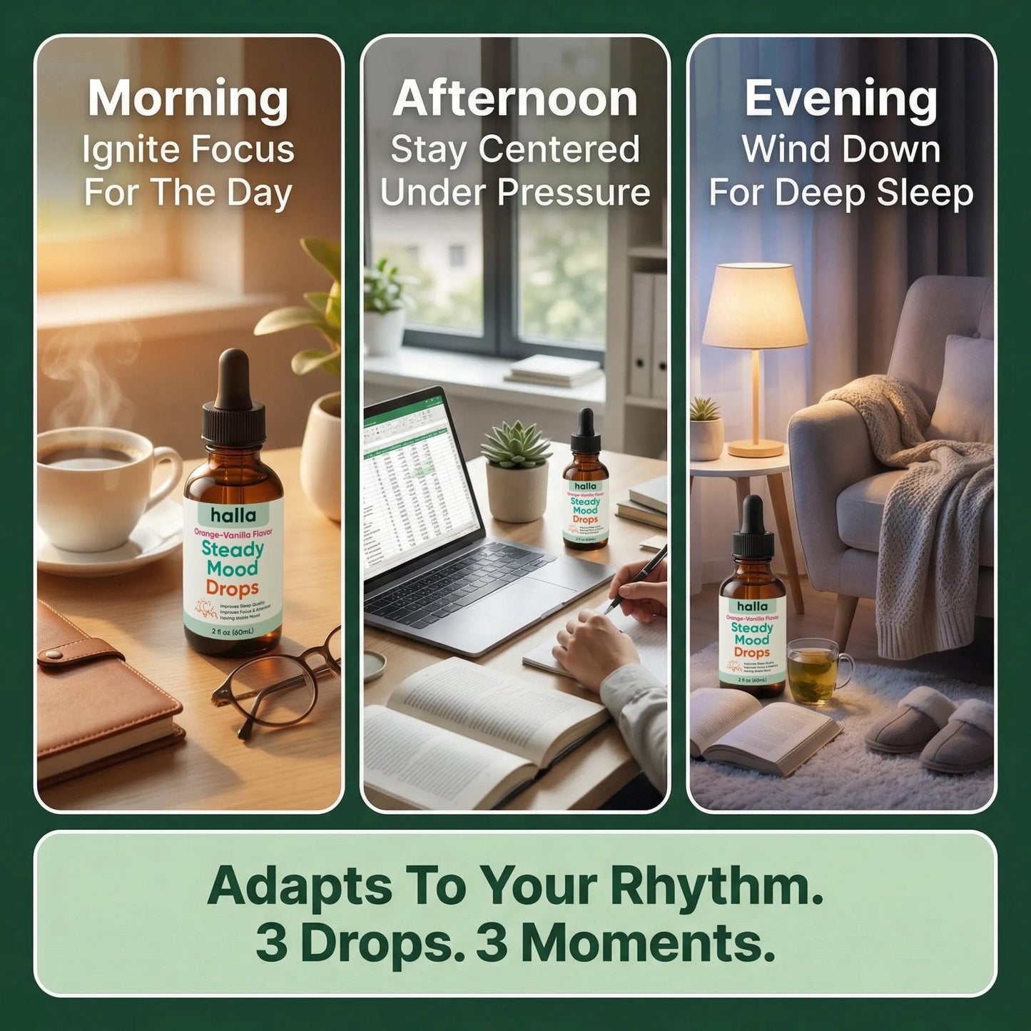Halla Steady Mood Drops Saffron Extract, Maritime Pine Bark Extract, Phosphatidylserine, Magnesium L-Threonate, Sleep Supplements, Improves Focus & Attention, Mood Support Supplement, 60ml - Maple Wellness Supplements