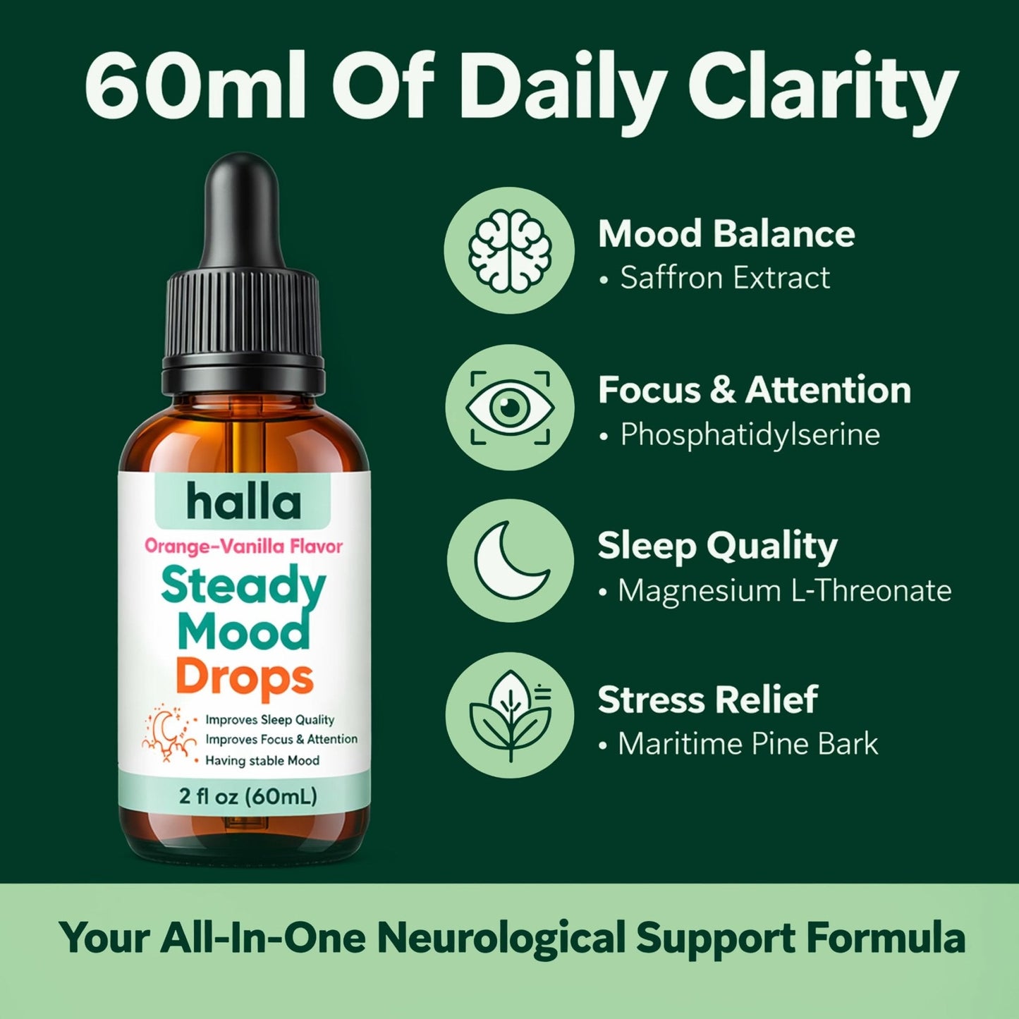Halla Steady Mood Drops Saffron Extract, Maritime Pine Bark Extract, Phosphatidylserine, Magnesium L-Threonate, Sleep Supplements, Improves Focus & Attention, Mood Support Supplement, 60ml - Maple Wellness Supplements
