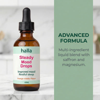 Halla Steady Mood Drops, with Saffron Extract – Fast Absorption Cognitive & Emotional Balance Supplement – Advanced Brain Nutrient Blend – Orange Vanilla Flavor, 2 fl oz - Maple Wellness Supplements