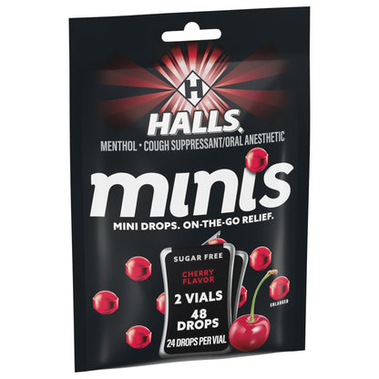 HALLS Minis Cherry Flavor Sugar Free Cough Drops, 48 Drops - Maple Wellness Supplements