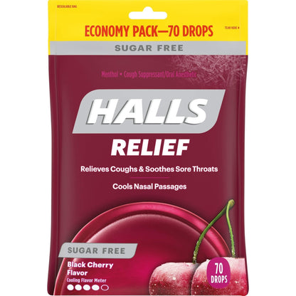 HALLS Relief Sugar Free Black Cherry Flavor Cough Drops, Economy Pack, 1 Bag (70 Total Drops) - Maple Wellness Supplements