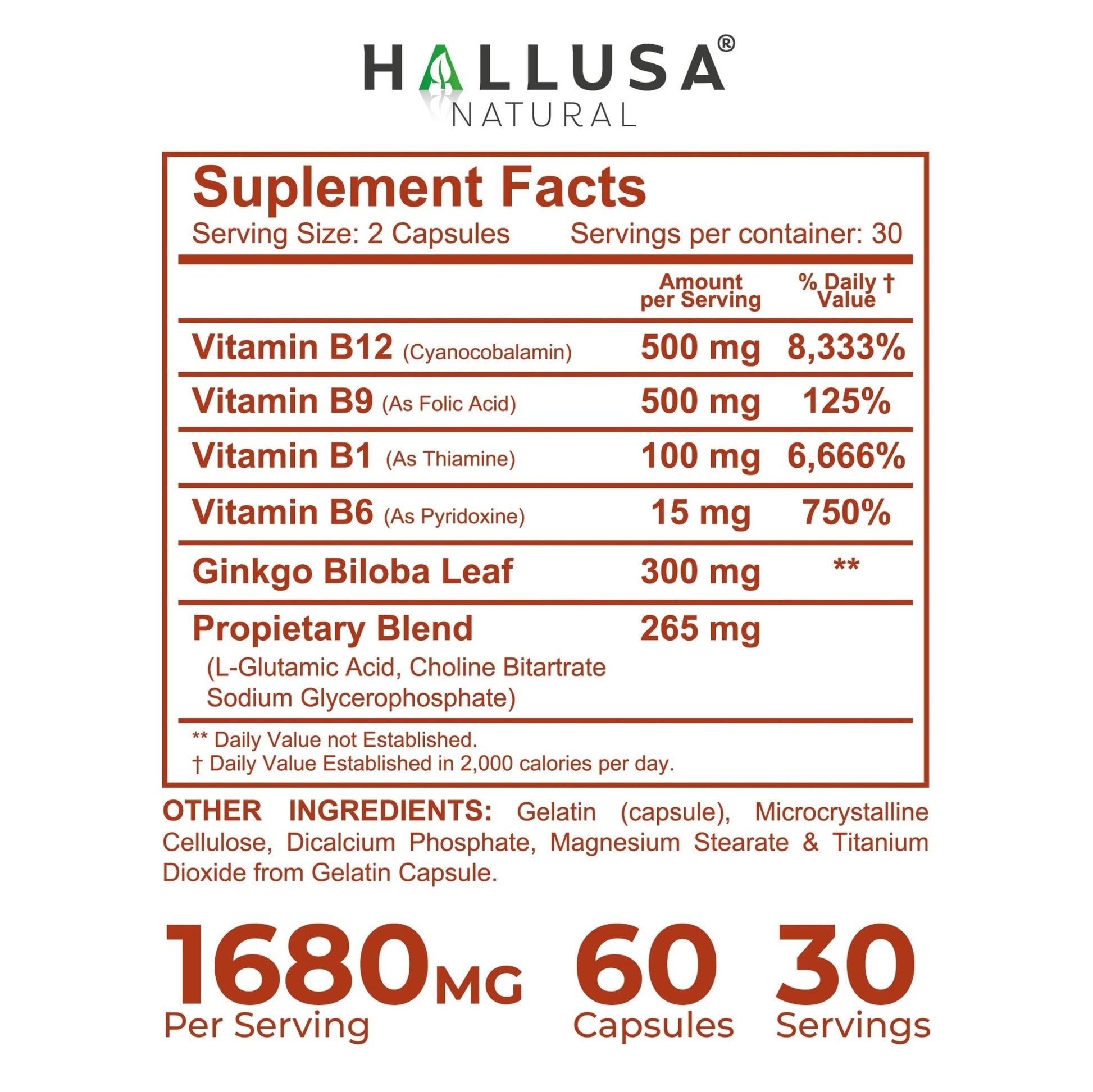 Hallusa Natural Brain Health Supplement Capsules 1680mg, Ginkgo Biloba, B Vitamins & Choline, Memory & Focus Support, Brain Booster for Men & Women, 60 Count - Maple Wellness Supplements