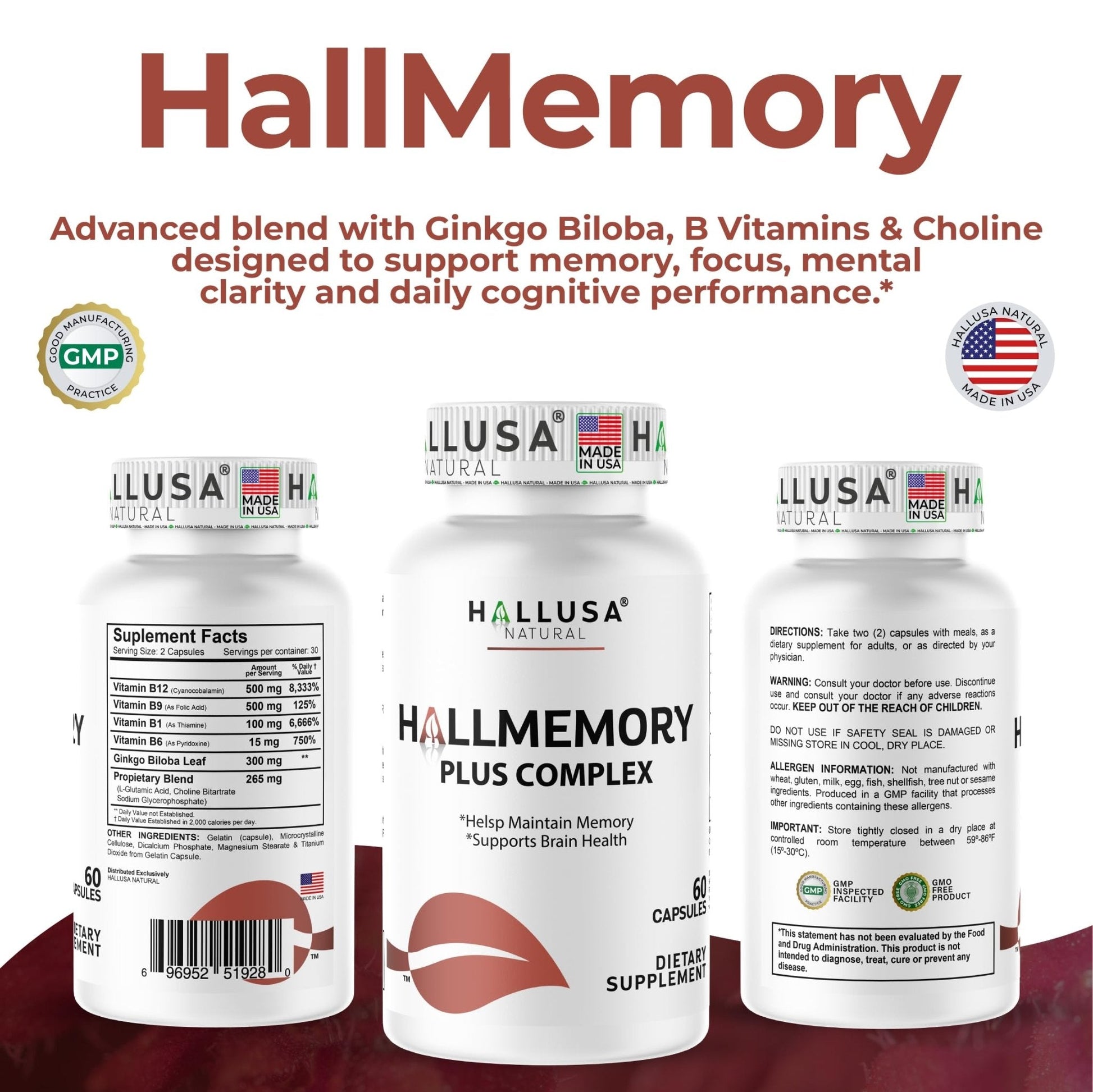 Hallusa Natural Brain Health Supplement Capsules 1680mg, Ginkgo Biloba, B Vitamins & Choline, Memory & Focus Support, Brain Booster for Men & Women, 60 Count - Maple Wellness Supplements