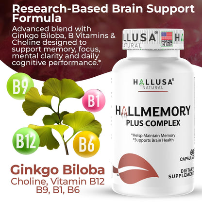 Hallusa Natural Brain Health Supplement Capsules 1680mg, Ginkgo Biloba, B Vitamins & Choline, Memory & Focus Support, Brain Booster for Men & Women, 60 Count - Maple Wellness Supplements