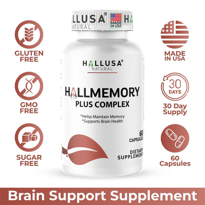 Hallusa Natural Brain Health Supplement Capsules 1680mg, Ginkgo Biloba, B Vitamins & Choline, Memory & Focus Support, Brain Booster for Men & Women, 60 Count - Maple Wellness Supplements