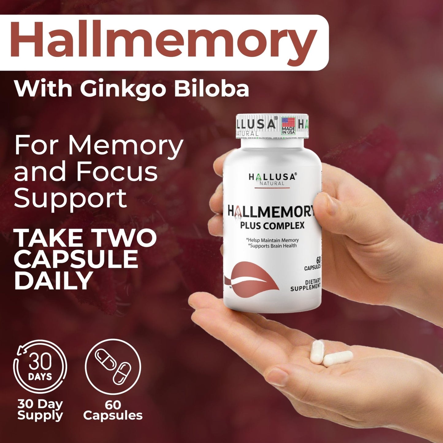 Hallusa Natural Brain Health Supplement Capsules 1680mg, Ginkgo Biloba, B Vitamins & Choline, Memory & Focus Support, Brain Booster for Men & Women, 60 Count - Maple Wellness Supplements