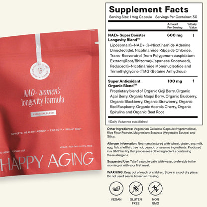 Happy Aging Essential Longevity Formula, NAD+ Super Booster with NR, NMNH & Liposomal β-NAD+, Organic Antioxidant Superfruit Blend for Cellular Energy, Skin Hydration & Daily Vitality, 30 Capsules - Maple Wellness Supplements