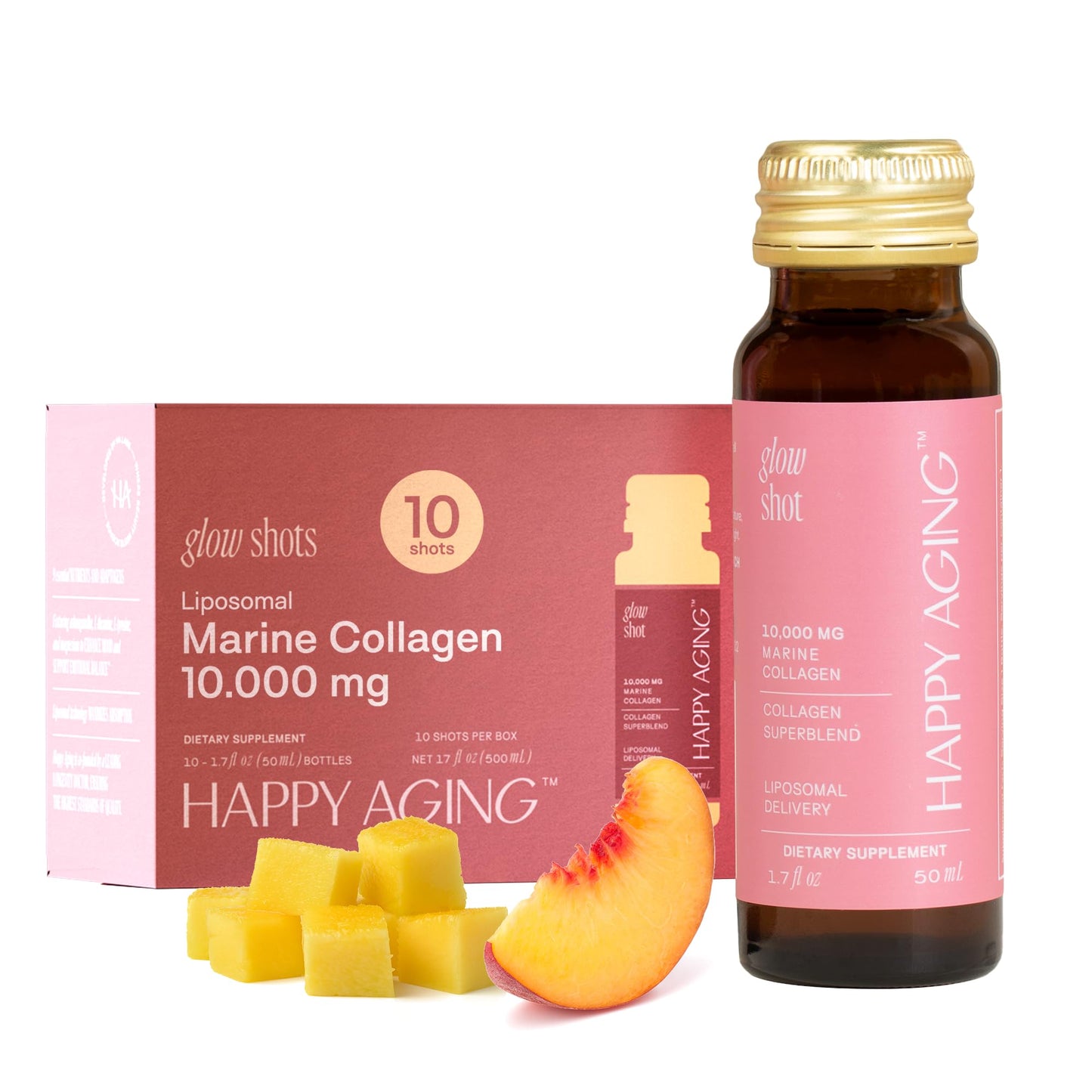 Happy Aging Marine Collagen Peptides Glow Shot 10,000mg - Liquid Collagen for Women with Liposomal Delivery - Promotes Skin Hydration, Elasticity & Radiance - Supports Hair & Nails, 10 Shots - Maple Wellness Supplements