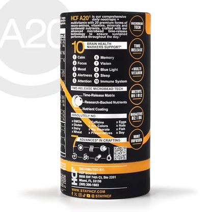 HCF A20 Microbead Brain Health Supplements for Adults for Memory, Focus, Calm, Mood, Alertness, Attention, Vision, Sleep, Immune System, 20 Premium Nootropic Nutrients Multivitamin & 7 Advances® Tech - Maple Wellness Supplements