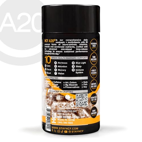 HCF A20 Microbead Brain Health Supplements for Adults for Memory, Focus, Calm, Mood, Alertness, Attention, Vision, Sleep, Immune System, 20 Premium Nootropic Nutrients Multivitamin & 7 Advances® Tech - Maple Wellness Supplements