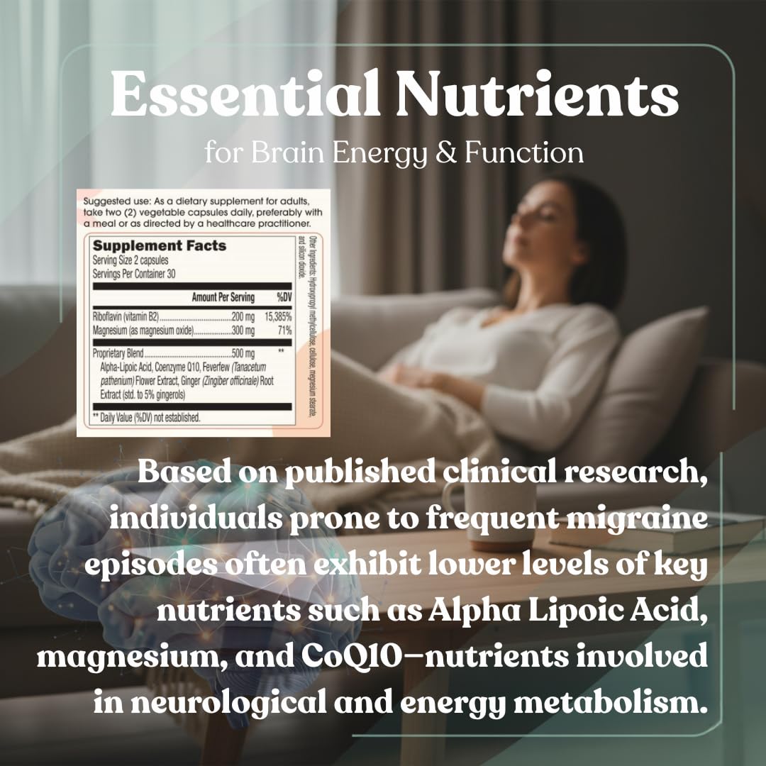 Headache and Migraine Relief Supplements - Drug Free Migraine Prevention Supplement - Natural Supplements for Migraine Headaches - Helps Reduce Frequency & Severity (60 Capsules) - Maple Wellness Supplements