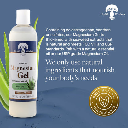 Health and Wisdom Pure Magnesium Gel with Seaweed Extract and Aloe Vera - Topical Muscle & Joint Relief- Natural and Pure Skin & Scalp Moisturizing - Enhanced Absorption - 12 Fl oz - Maple Wellness Supplements