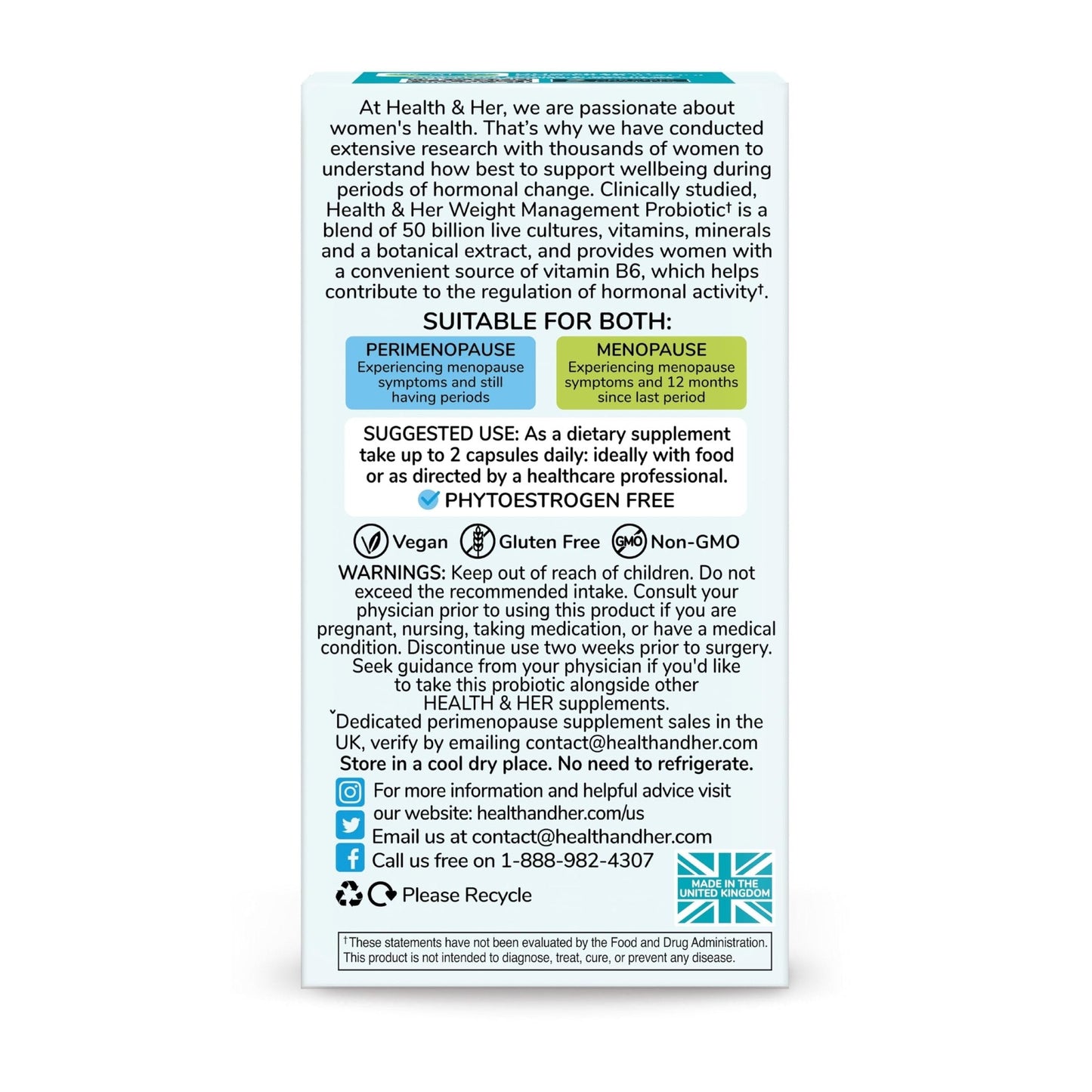 Health & Her Weight Management Probiotics for Women - Perimenopause & Menopause Supplement - Clinically Studied 50bn CFU Probiotics to Support Gut Health, Energy, Mood & Mind, Vegan (60 ct - 1 Month) - Maple Wellness Supplements