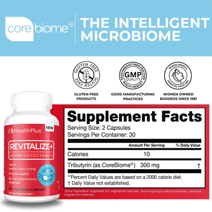 Health Plus Revitalize+ CoreBiome Butyrate Postbiotic for Complete Digestive Health, Leaky Gut & Colon | Gut Health Supplement for Men & Women | 60 Capsules, 30 Servings - Maple Wellness Supplements